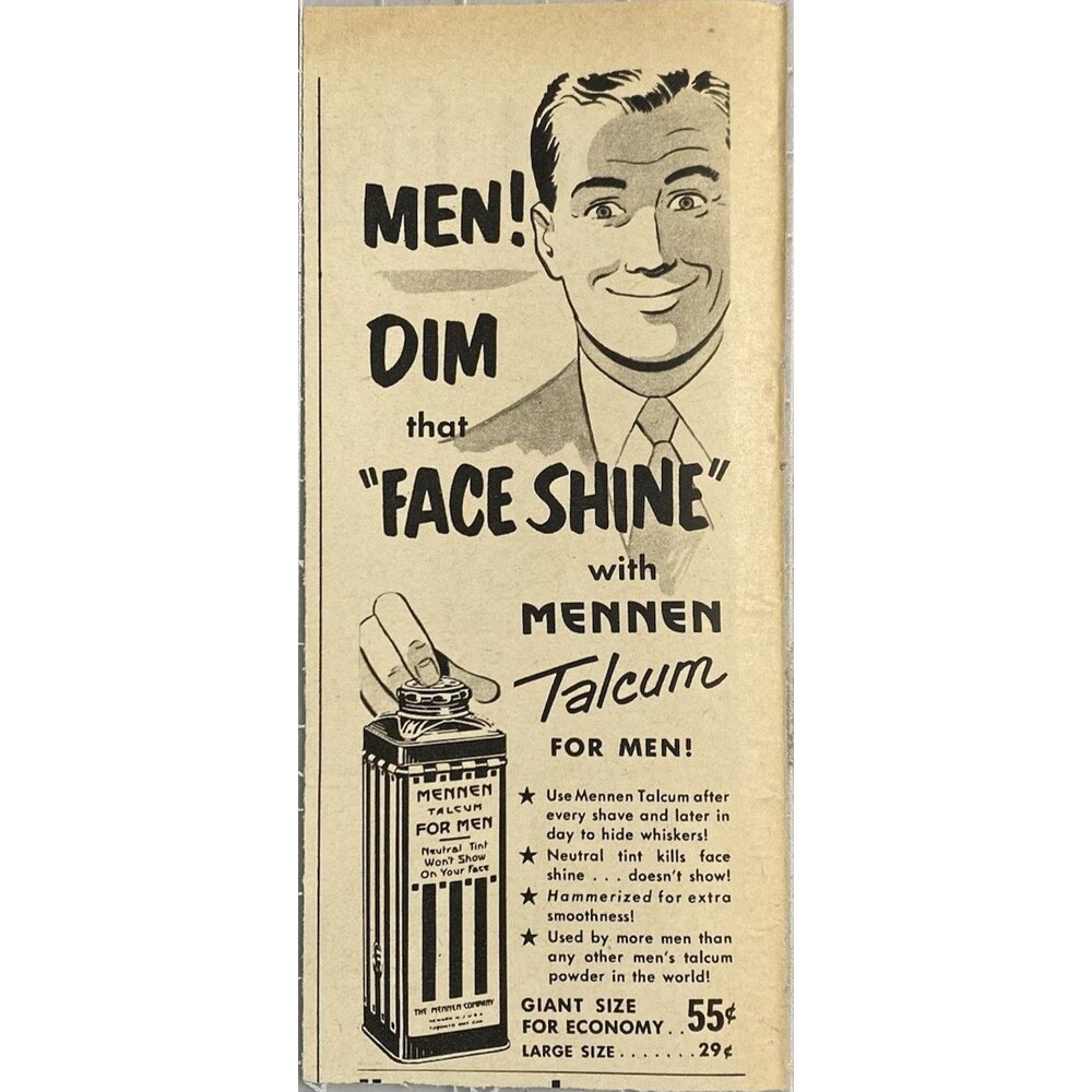 Mennen Talcum for Men "Men! Dim that Face Shine" Vintage Print Ad 1951